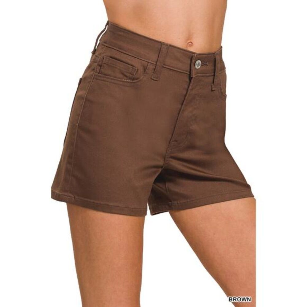 Zenana Mid Rise Cotton Blend Shorts Brown NEW